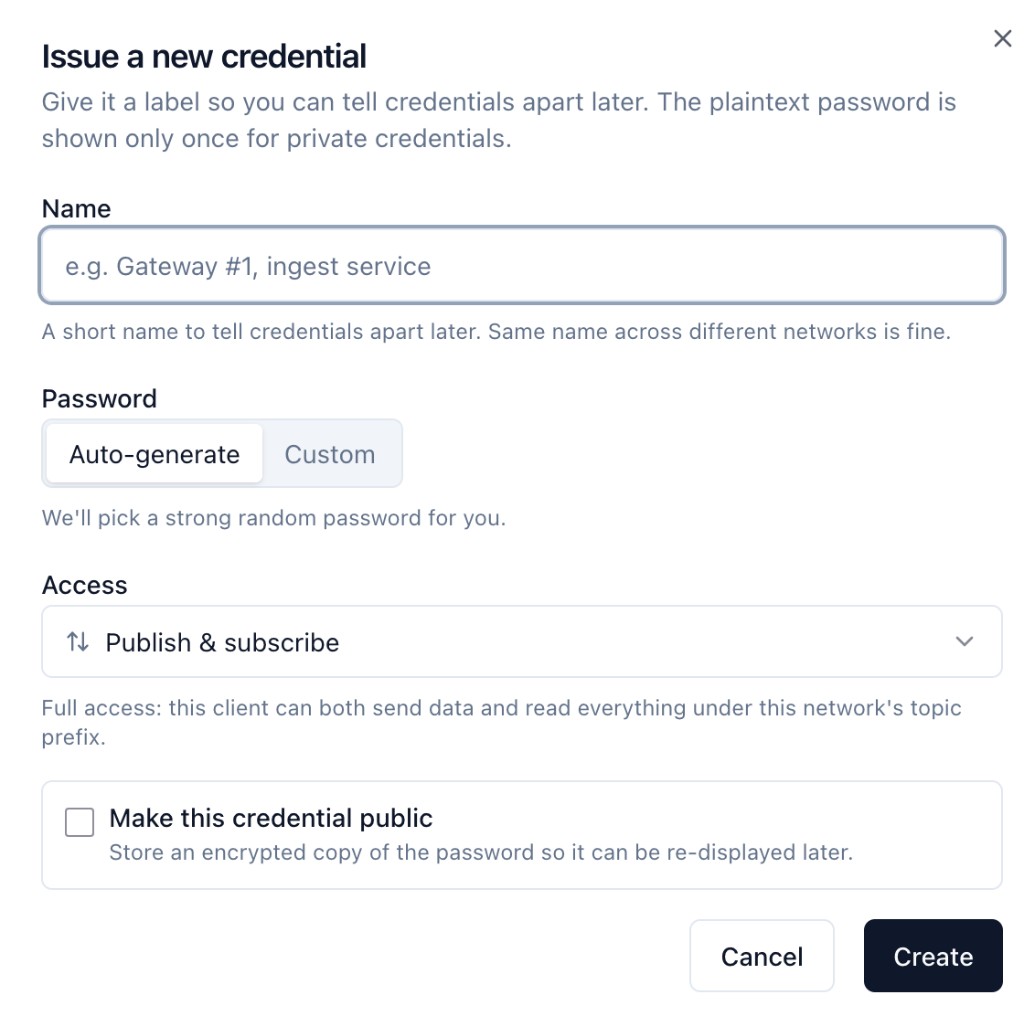 RelayMesh MQTT credential issue dialog