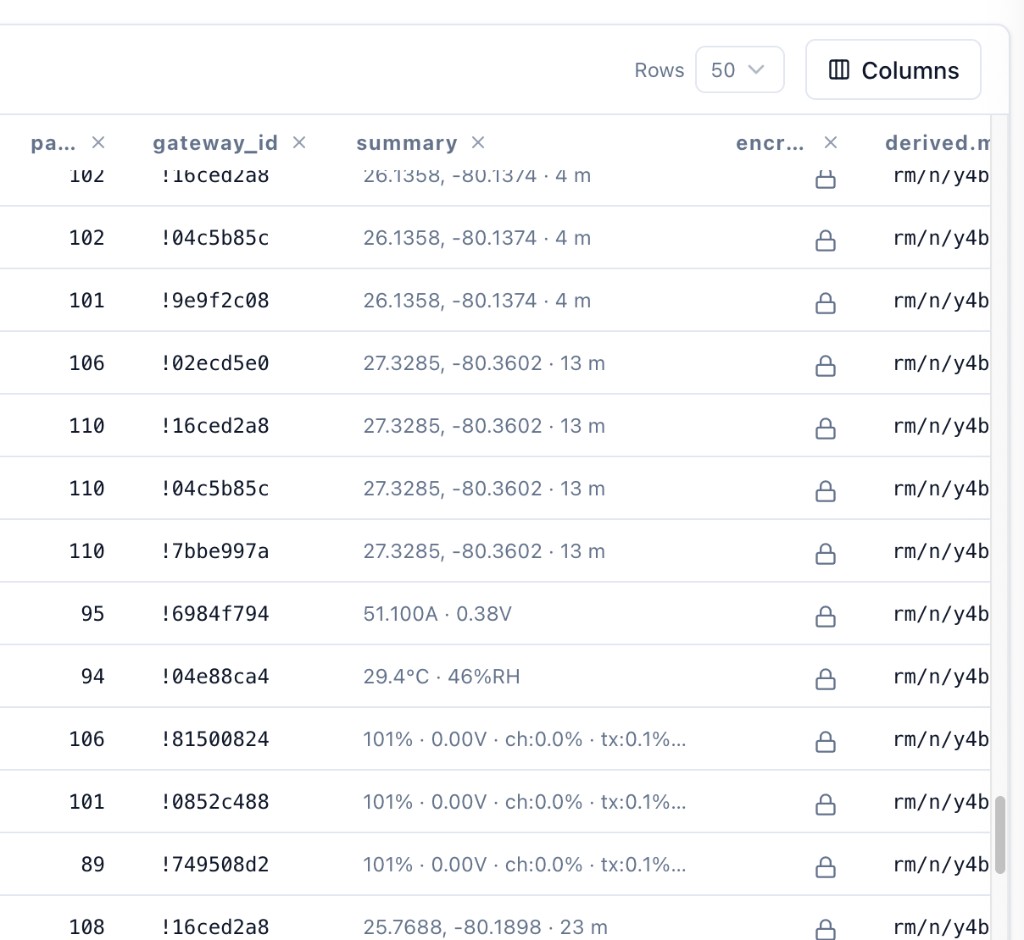 RelayMesh traffic table showing packet metadata